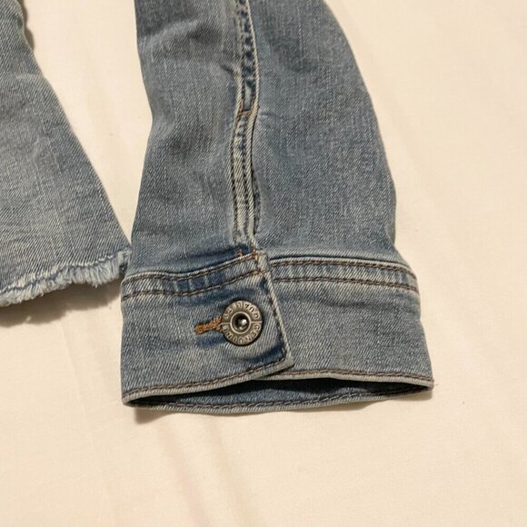 Jeaniologie Altered Jean Denim Jacket Dont Talk to Strangers Patch Sz Large - Picture 6 of 16